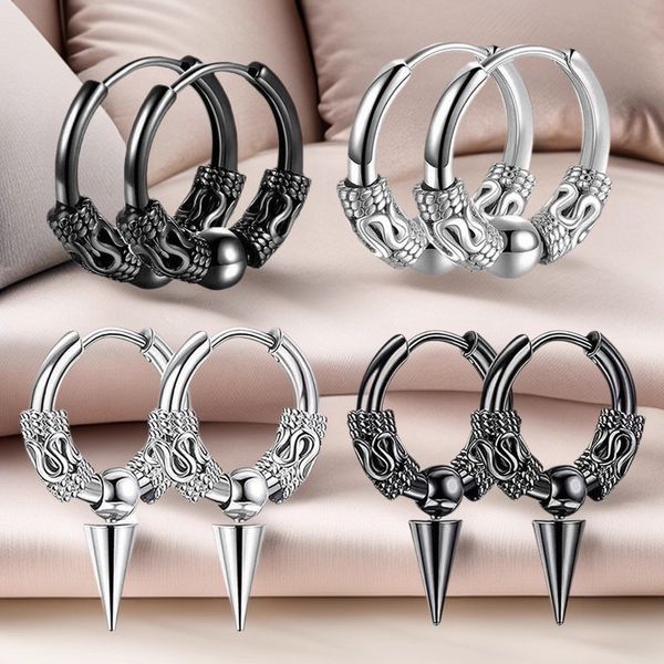 

Hip-Hop Unisex Fashionable Retro Tibetan Dragon-Pattern Stainless Steel Beaded Earrings with Round Wire & Pointed Cone Details