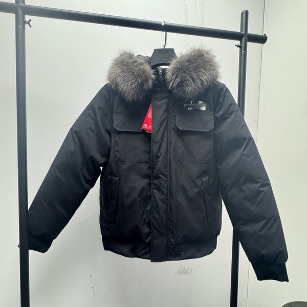 

Men's hooded winter down coat designer wolf skin down jacket loose pocket outdoor casual fur trimmed winter coat, Black