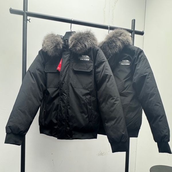 

Men's hooded winter down coat designer wolf skin down jacket loose pocket outdoor casual fur trimmed winter coat, Black