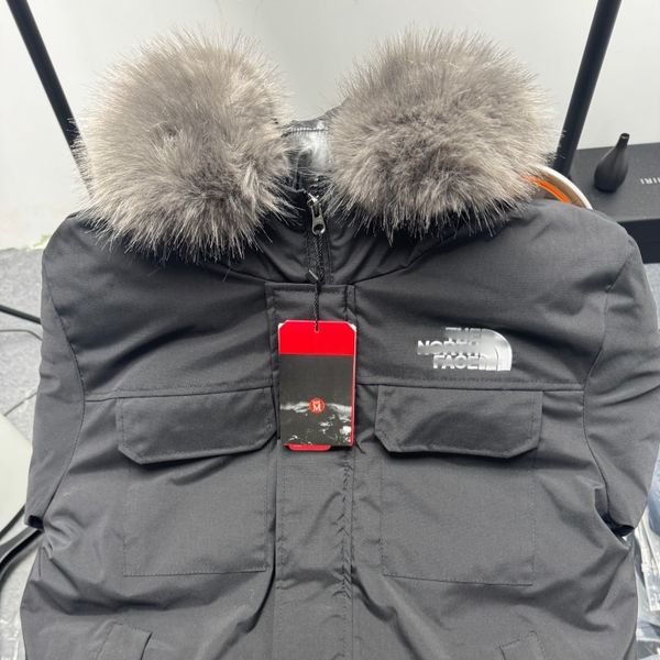 

Men's hooded winter down coat designer wolf skin down jacket loose pocket outdoor casual fur trimmed winter coat, Black