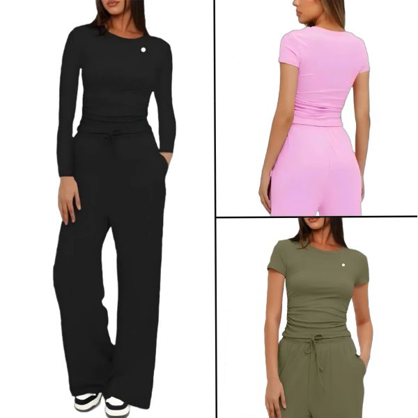 

Yoga set workout clothes women short sleeved top high waist wide leg pants long sleeved sportswear drawstring loose dance studio pants fitness suit active wear, Short sleeved suit 01