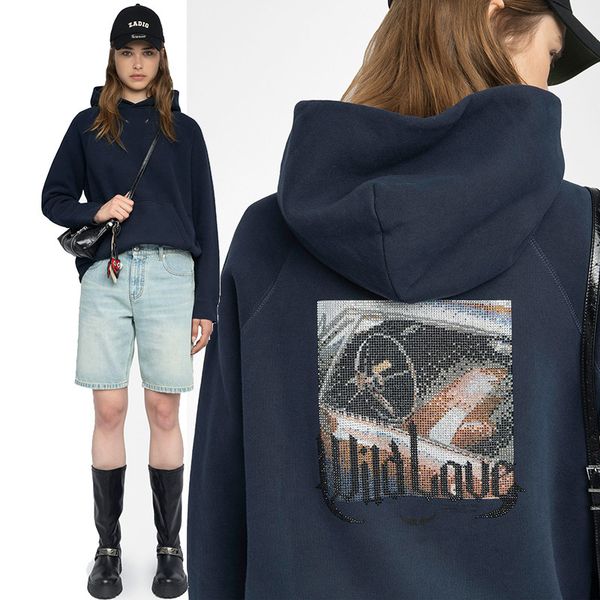 

High Quality Designer Cotton Hoodies Pullover Sweatshirt 25ss Autumn and Winter New Tide White Ink Digital Print Hot Drilling Fleece Women's Hooded Sweater Tops tn, Sandybrown