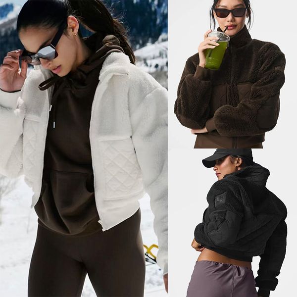 

New designer womens Autumn and winter brown lambhair hooded short jacket thick and warm sporty and casual stand up collar zipper jacket top sports jacket, Black