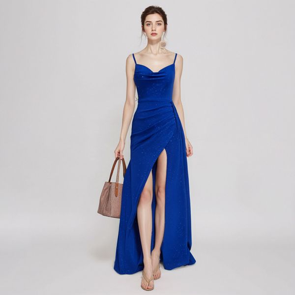 Stunning Royal Blue Spaghetti Strap Mermaid Evening Gown with High Slit