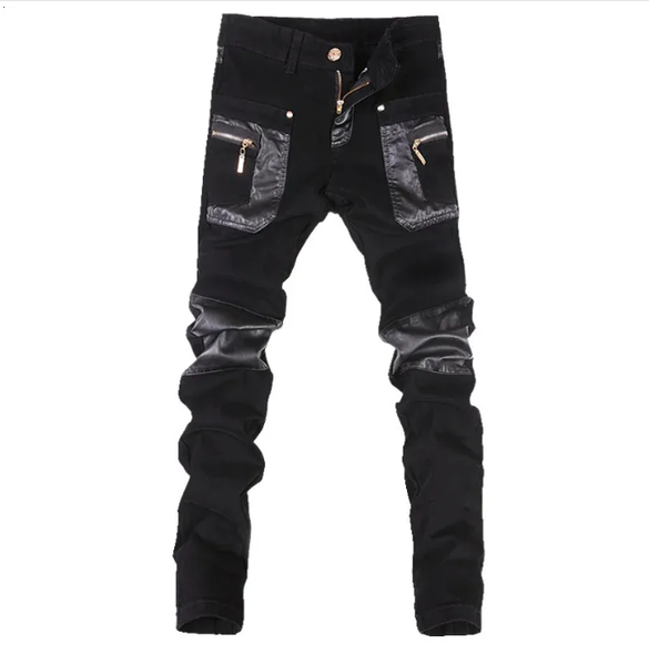 

Fashion Men Leather Pants Patchwork Casual Skinny Mens Motorcycle Jeans High Quality Slim Trousers Size 28-36, Black