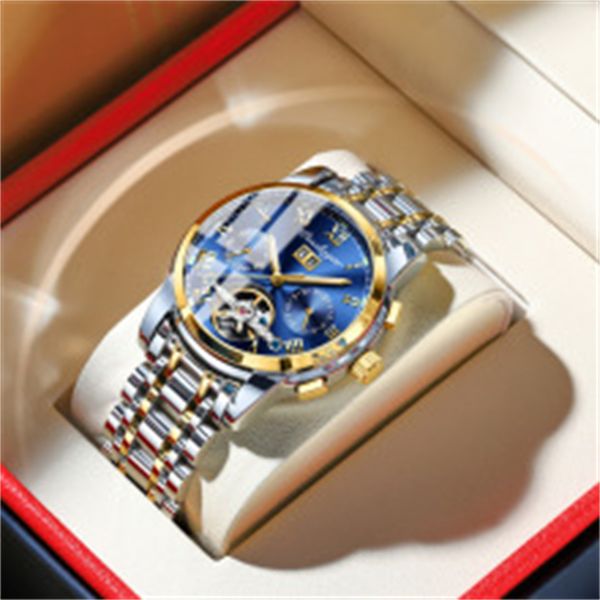 Men Watch Fully Automatic Waterproof Mens Mechanical Watch Stainless Steel Hollow Men Watch Multi functional Night Light Trendy Watch