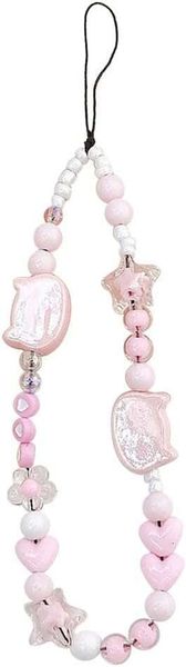 Chain Cute Kitten Head Star Flower Heart Case Beaded Mobile Lanyard Wrist Strap Pink Anti-Lost Phone String Bracelet Keychain Charm for Women Girls