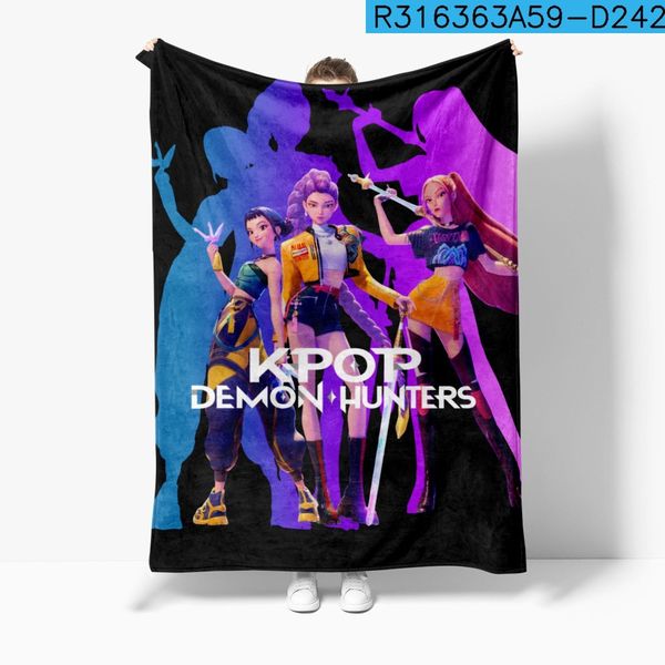 

Huntrix Flannel Demon Hunters Movie Graphic Blanket Vintage Throw Blankets Kpop Concert Gift Witch Squad, Blue
