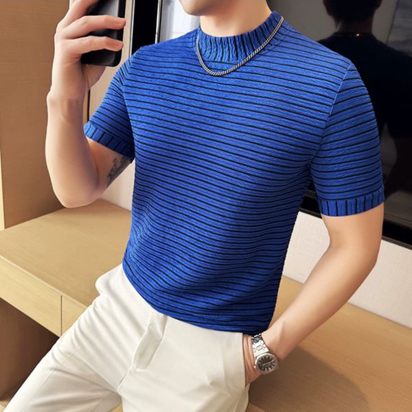 

Fashion Stripe Printed T Shirts For Men Summer Casual Half High Neck Slim Fit Breathable Tees Pullovers Men Clothing 4XL, White