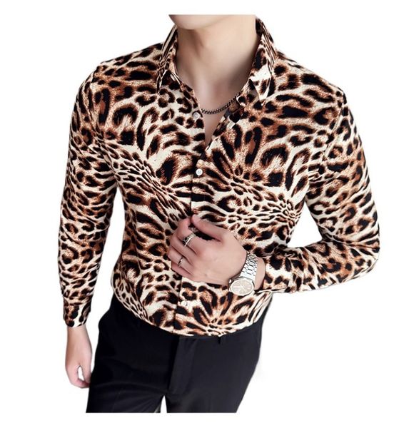 

Autumn Winter Retro Leopard Print Men's Shirt Long Sleeve Slim Casual Shirts Social Banquet Nightclub Shirt Men Clothing 2025, Indigo