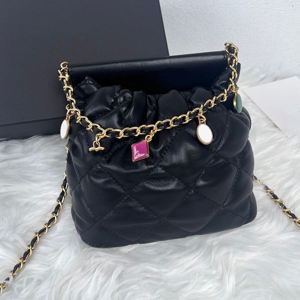 

Designer Storage Box Mobile Phone Lucky Leather Chain Shoulder Bag with Gem, Black