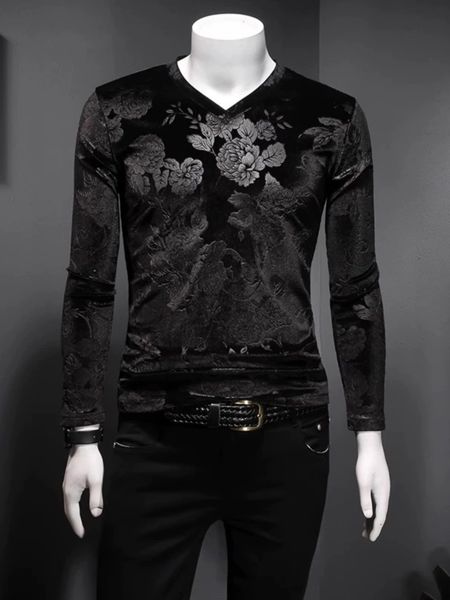 

Spring embossed golden velvet V-neck men's long-sleeved T-shirt youth Korean version with slim-fitting chicken heart neck bottoming shirt trend, Army green