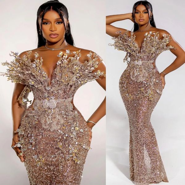 2025 Aso Ebi Gold Florals Mermaid Prom Dress Sequined Evening Formal Party Second Reception 50th Birthday Engagement Gowns Dresses Robe De Soiree 0917