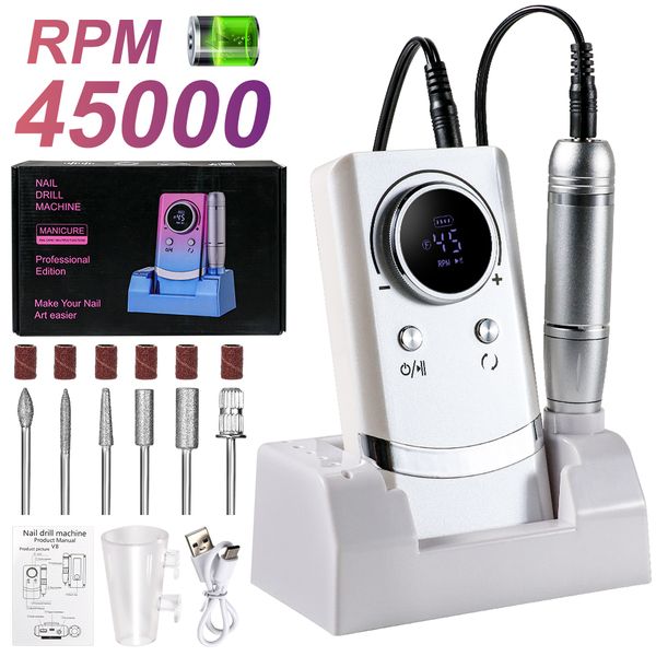 

Professional Electric Nail Drill, 45000 RPM Cordless Rechargeable E-File Machine, with 12 Bits, Sanding Bands, LCD Display for Acrylic Gel Nails (DMJ-V8-White-USB)