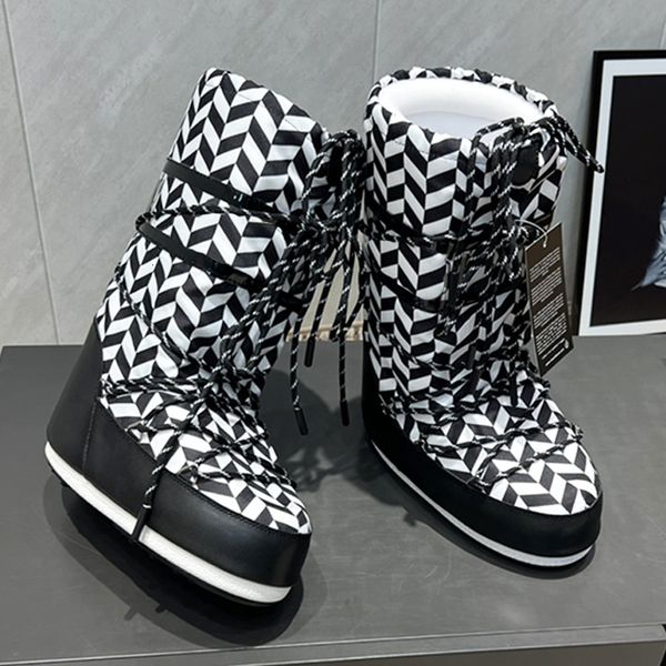 Luxury Icon Low Boot Designer Women Snow Boots Nylon Knee High Boots Thick Sole Nylon Icon Low Boots Winter Warm Lace Up Leather Boots 927