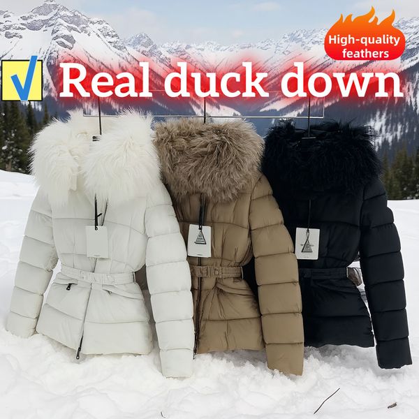 

Designer Winter Women's down Jacket Fur collar Embroidered Boed badge Warm Fashion Jacket with Belt Women's cotton coat with large pockets tucke With tag, with label, A2