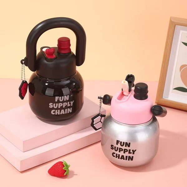 

Stainless Steel Tote Bottle Large Capacity Cartoon Double-layer Vacuum Insulated Portable Tea Storage Straw Cup, Light blue