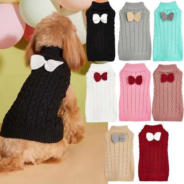 

Autumn and winter dog sweater new lapel design woven three-dimensional twist solid color sweater with bow, Berry