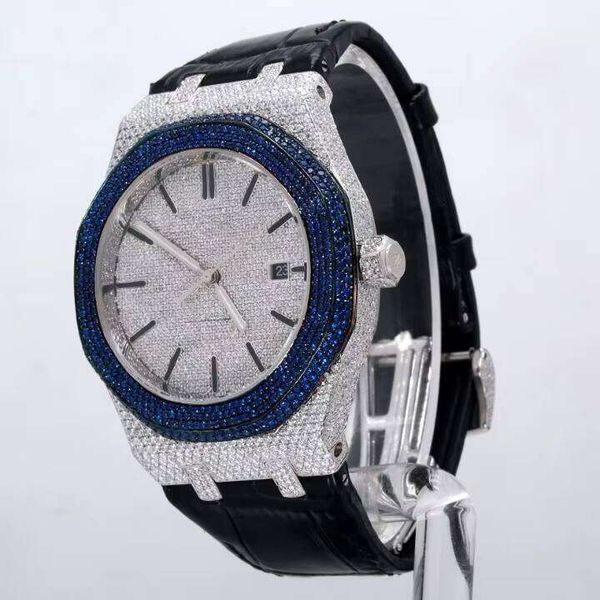 

Custom Made Men's Moissanite Dia Watch Black Leather Band Fancy Dial Stainless Steel Analog Display Glass for Party Wear Free Shipping, Gold