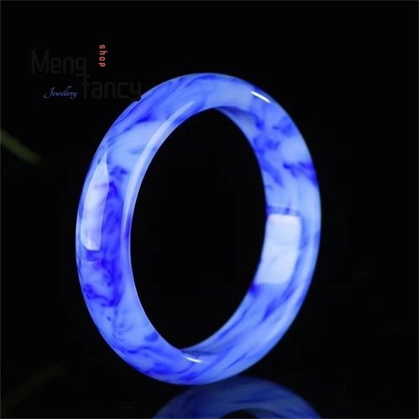 Natural Hetian jade bracelet blue and white flower charm fashionable and exquisite jewelry elegant girl couple bracelet holiday gift 240925