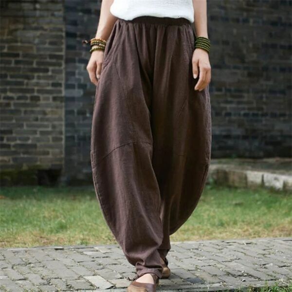 Cotton Linen Loose Fitting Women Casual Cargo Pants Solid Baggy Pants Woman Trousers 240820