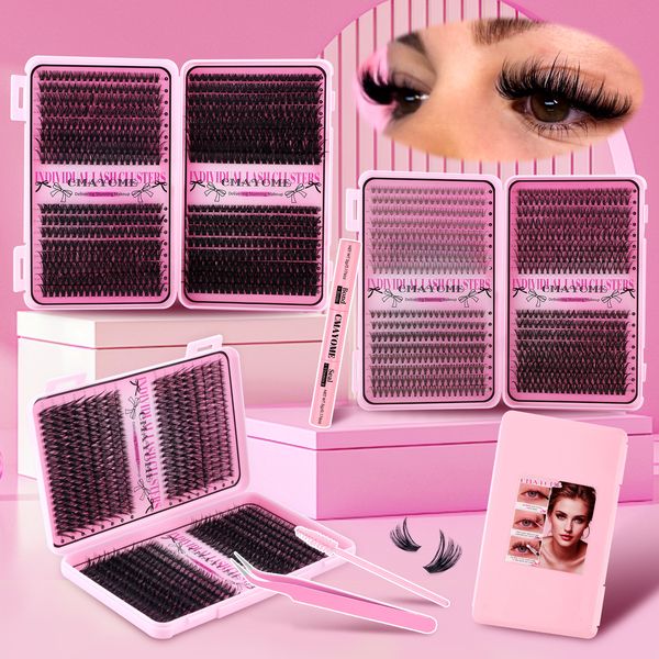 

640Pcs DIY Individual Eyelashes Thick Fluffy Cluster Lashes Kit with Lash Bond & Seal Handmade Reusable D Curled DIY Segmented Eyelash Extensions for Women