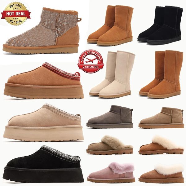 

Tazz Slippers tasman fur slides classic ultra mini platform boot Suede Shearling Disquette Slipper men women shoes Ankle mules winter designer kids booties big size, Red