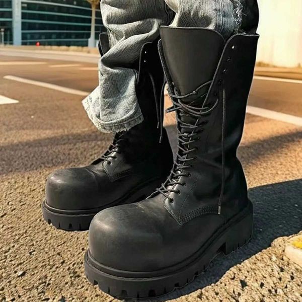 Size 36-45 Big Round Toe Punk Block Heel Motorcycle Boots Platform Lace-Up Mid Calf Work Boots Cool Fashion Boot Q260811
