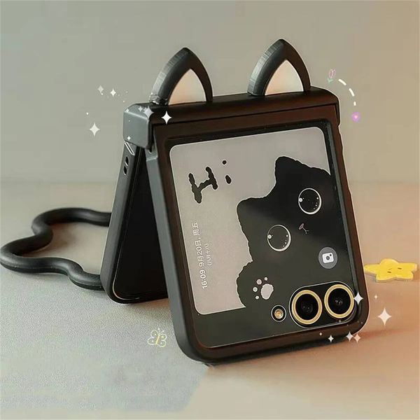 Korean Japan Cute Cat Ears Black Phone Case Motorola 60 50ultra Razr 40 Ultra For Samsung Galaxy Z Flip 7/6/5/4/3