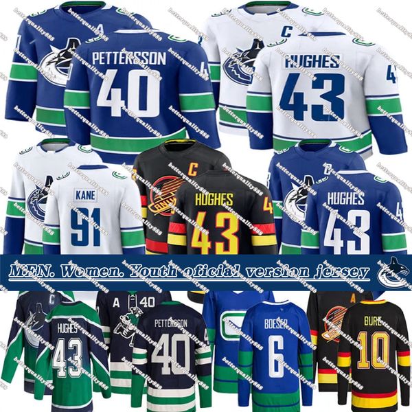 #43 Quinn Hughes hockey jersey Canuck jersey #40 Elias Pettersson Evander Kane Brock Boeser Trevor Linden Jake DeBrusk Thatcher Demko Conor Garland Pavel Bure jerseys