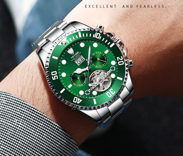 

SLC Automatic Watch Skeleton 5 Hands Mechanical Classic Luxury Multi Calendar Stainless Steel Waterproof Wrist Watch, Black