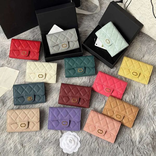 

Women's Fashion Designer keychain wallet coin Fold flap classic pattern Caviar sheepskin black mini purse 0019, Grey particle cowhide gold hardware