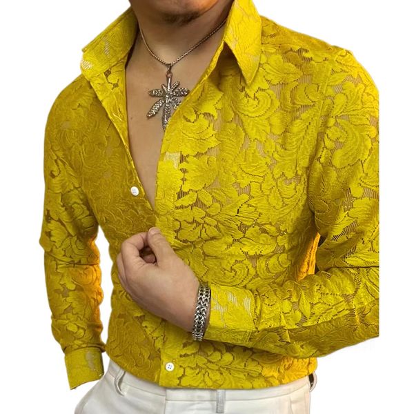 

Men's Slim Fit Shirt Spring Semi Transparent Long Sleeved Shirt Men Nightclub Sexy Casual Social Party Tuxedo Stage Singer Shirt, Green