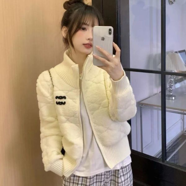 

Spring and Autumn Arc de Triomphe Embroidery Fragrant Rhombic Design Slim and Slim Long Sleeve Knitted Zipper Cardigan Sweater Coat BFG2501022, White