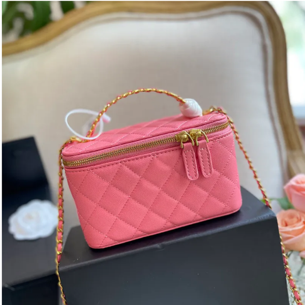 

Womens Classic Cavir Leather Box Trunk Vanity Bags Real Leather Calfskin Card Holder Top Letter Handle Totes GHW Crossbody Shoulder Designer Handbags 18CM, T2