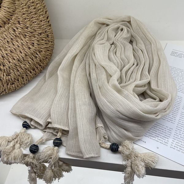 

Retro literary wooden bead hanging solid color cotton and linen scarf --89661