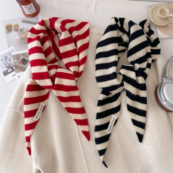 

1-781 Women's Striped Knit Shawl - Multifunctional Triangle Scarf with Headwrap Design