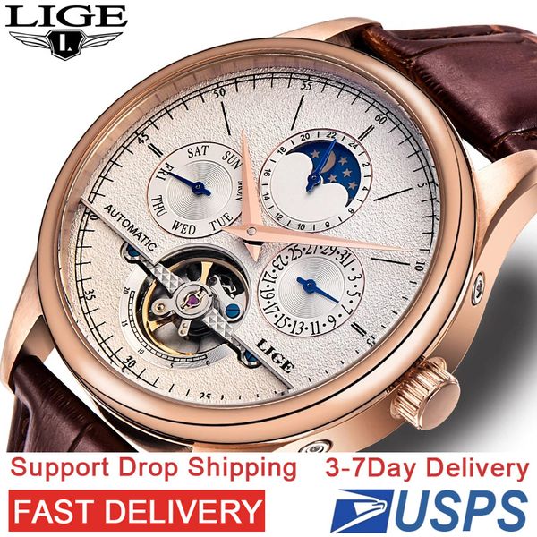 

LIGE Men's Mechanical Watch Multi-function mechanical movement Calendar Week Moon Phase hour hand indicator high-quality butterfly buckle belt, Rose white
