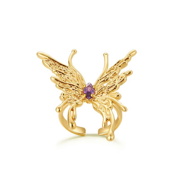 

Purple zircon creative butterfly ring with extremely simple and liquid design, niche INS ring copper plated 18K genuine