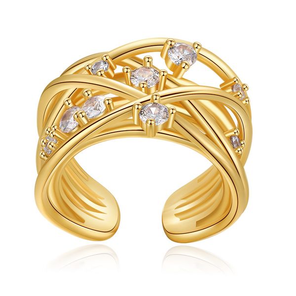 

Light luxury high-end geometric line cross design ring, genuine gold electroplating, niche wide edge inlaid with zircon, exquisite ring