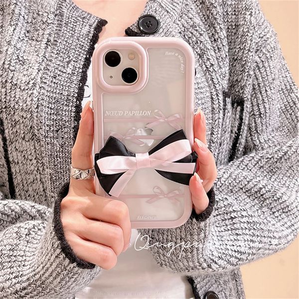 Korean Cute Ribbon Bow Pink Clear Phone Case For iPhone 15 14 13 12 11 Pro Max X XR 2925 XS Ins Lovely Cream Glossy Soft Back Cover