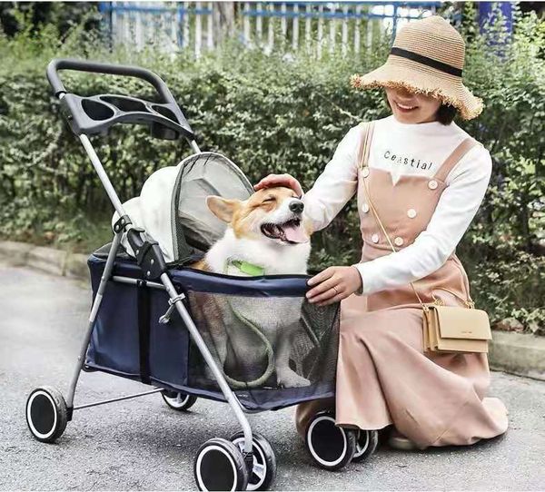 

Pet go out trolley cat Teddy outdoor portable folding pet trolley car dog cat mouse rabbit small light car dog and cat carrier, Blue