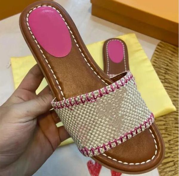 

Classic Womens Sandals Luxury Designer Slippers Genuine Leather Fashion Shoes Letter Embroidery Ladies Slides Beach Flat Heel Flip Flops, Brown