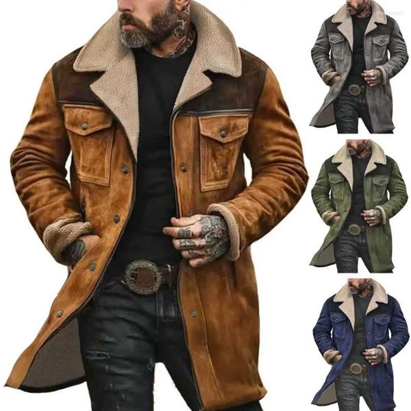 

New Men's Jackets Fashion Men Jacket Large Plush Lapel Long Sleeve Vintage Suede With Pockets 2025 Zipper Up Mid-length Motorcycle Coat, Army green
