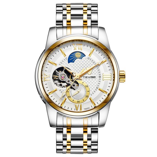

TEVISE Mens Automatic Mechanical Business Watch with Stainless Steel Strap Moonwatch Phase and Waterproof Function T046-T805C, T046-2