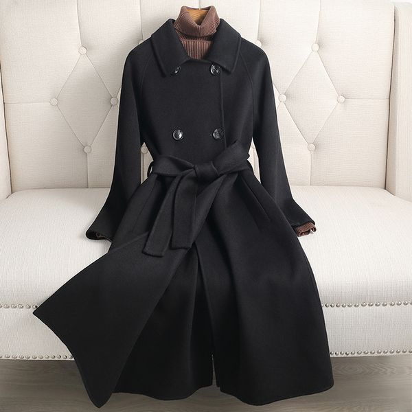 

D10311 Double-faced cashmere coat for women, medium-length, 2024 new style, slimming, over-knee wool coat for women, Color 1