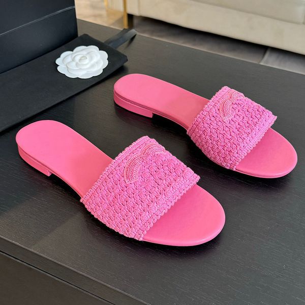 

Designer Ladies Luxury Flat Base Woven Slippers Round Open Toe Ladies Indoor Casual Shoes Classic Pink Black White Mule Summer Slide Outdoor Beach Shoes, 3*