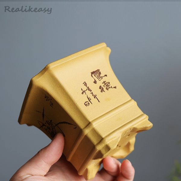 Chinese Yixing Purple Sand Flower Pot Orchid Bonsai Succulent Handcarved Flower Pot Square Desktop Decorative Flower Pot LF654