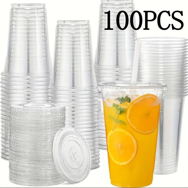 100Sets 12/16OZ Plastic Cups with Lids Clear Disposable Cups Straw for Parties Iced Coffee Smoothie Milkshake Cold Drinks