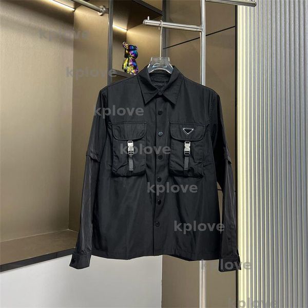 

Mens Jacket Detachable Sleeve Long Sleeved Jackets Design Shirt Pocket Nylon Workwear Loose Casual Shirt Jacket Coat, Black